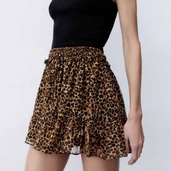 Zara Dresses & Skirts - ZARA Leopard Animal Print Mini Skirt Drawstring Ruffle Size Small